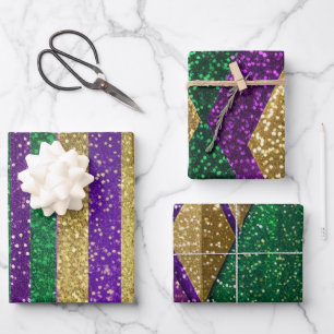 Lila-Gelbe Mardi Gras-Glitzer-Muster Geschenkpapier Set