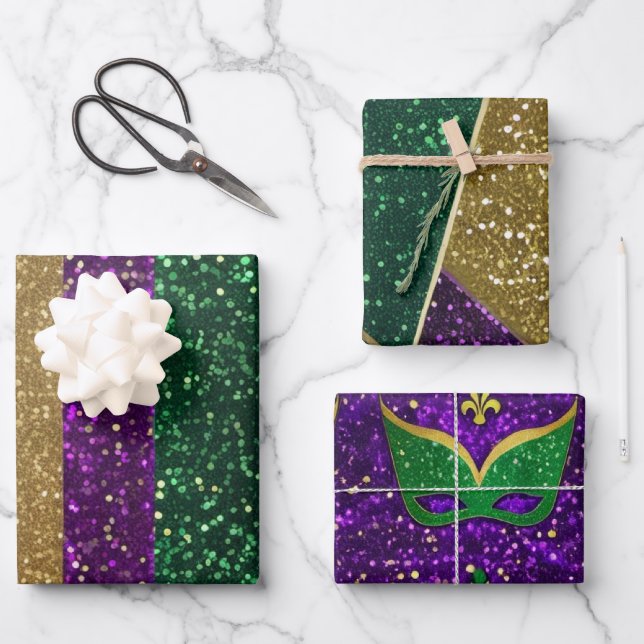 Lila-Gelbe Mardi Gras-Glitzer-Muster Geschenkpapier Set (Vorderseite)