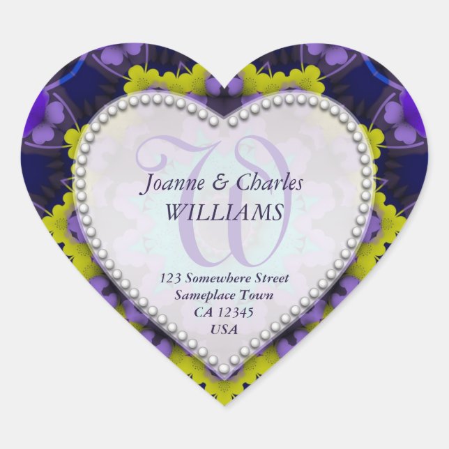 Lila-gelbe Monogramm-Hochzeitskleber Herz-Aufkleber (Vorderseite)