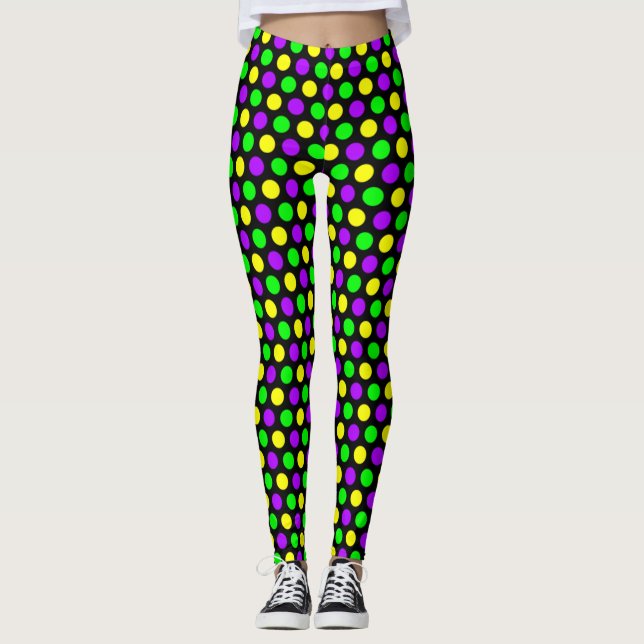 Lila-Gelbe Punkte Schwarze Mardi Gras Leggings (Vorderseite)