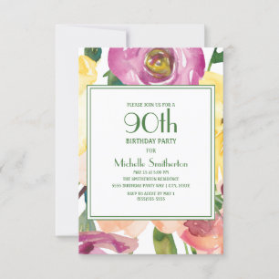 Lila Gelbe Rosa Blumen 90. Geburtstag Einladung