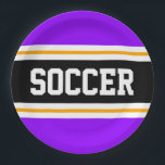 LILA-Gelbe Streifen aus schwarzem Bright-Lack Pappteller<br><div class="desc">Dieses sportliche,  sportliche Design zeichnet sich durch einen fett gedruckten SOCCER-Text in einem hervorgehobenen,  schwarzen,  breiten Mittelstreifen mit weißen und gelben pinstripes gegen lila äußere Streifen aus. Der Text kann personalisiert sein.</div>