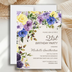 Lila Gelbe Wasserfarbe Blüte 21. Geburtstag Einladung