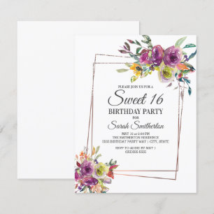 Lila gelbe Wasserfarbe Floral geometrisch Sweet 16 Einladung
