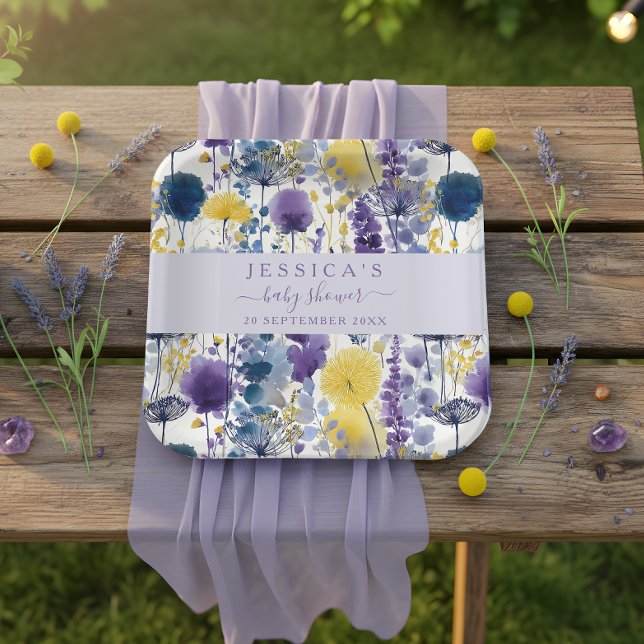 Lila Gelbe Wildblume Kinderdusche Pappteller (Celebrate your mama-to-be moment in full bloom with this elegant wildflower design. )