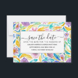 Lila Gelber Frühling Blume Blätter Save The Date<br><div class="desc">Dieses niedliche, mädchenhafte und elegante, Sommer- und Frühjahrsmuster ist perfekt für die künstlerische und trendige Frau. Es ist mit handbemaltem, hellgelben, kühn blauen, aquamarinen Grün, Sonnenuntergang Orange, Lavendel lila und bashful rosa Aquarellland Blume und Blätter auf einem einfachen weißen Hintergrund. Es ist künstlerisch, frisch, einzigartig, modern und hübsch. ***WICHTIGE HINWEIS...</div>