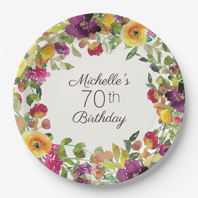 Lila Gelbes Aquarell Floral 70. Geburtstag Pappteller (Vorderseite)