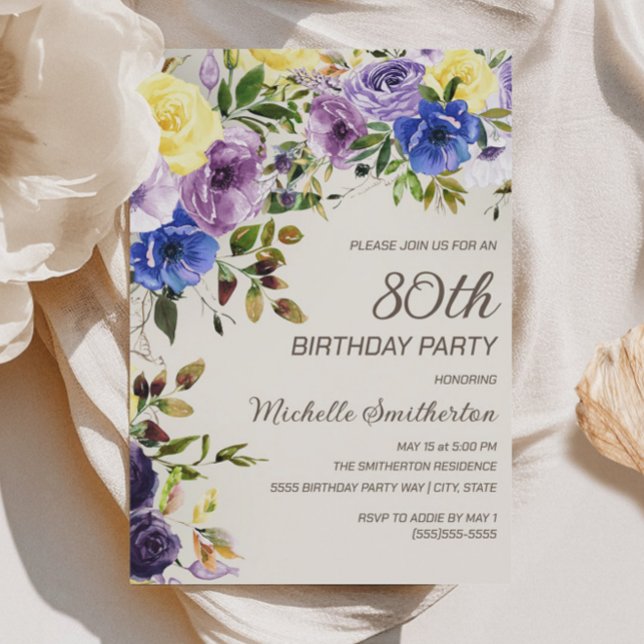 Lila Gelbes Aquarell Floral 80. Geburtstag Einladung (Purple and yellow watercolor floral 80th birthday party invitation)