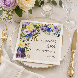 Lila Gelbes Aquarellblütenblatt 18. Geburtstag Serviette