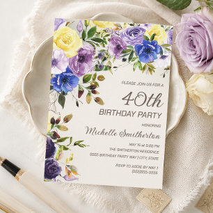 Lila Gelbes Aquarellblütenblatt 40. Geburtstag Einladung