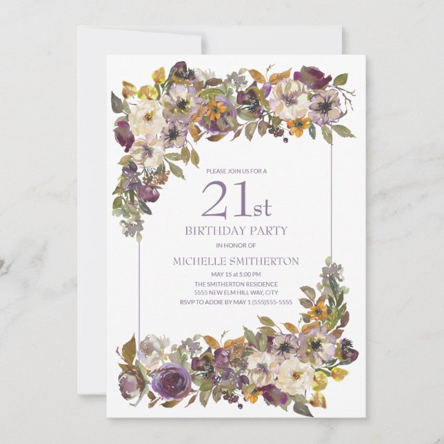 Lila-gelbes Elfenbeinblütenblättern 21. Geburtstag Einladung (Vorderseite)