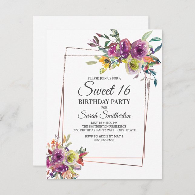 Lila Gelbes Wasserfarben, geometrisches Sweet 16 Einladung (Vorne/Hinten)
