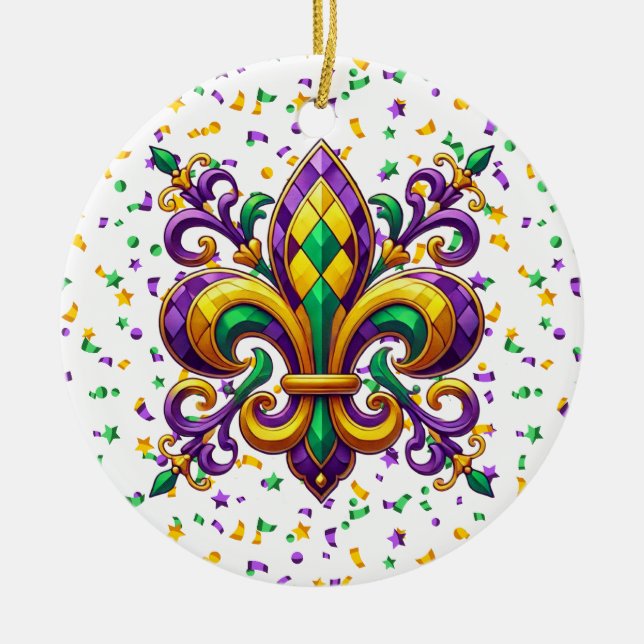 Lila-Gelbgrün Mardi Gras Lilie Keramik Ornament (Vorne)