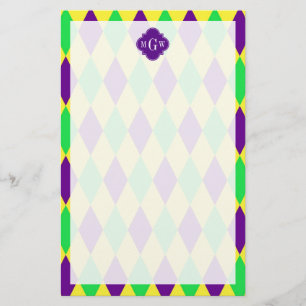 Lila Gelbgrünes Harlequin Purpur Quat 3 Monogramm Briefpapier