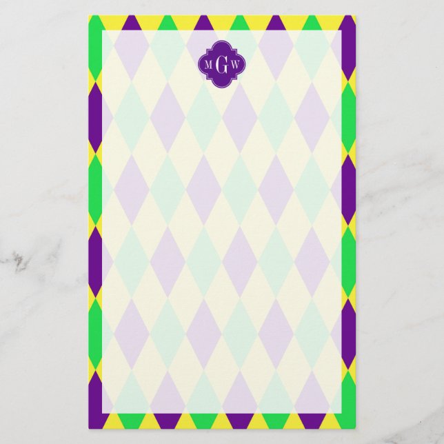 Lila Gelbgrünes Harlequin Purpur Quat 3 Monogramm Briefpapier (Vorderseite)