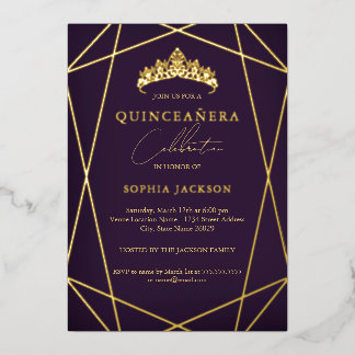 Lila Geometric Gold Elegante Quinceanera Folieneinladung