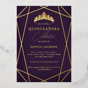 Lila geometrische goldene elegante Quinceanera Folieneinladung