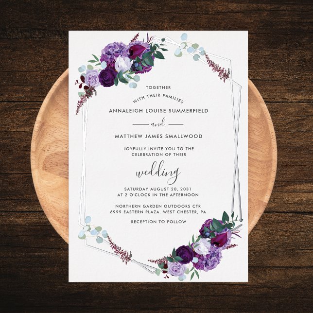 Lila geometrische Rose Folieneinladung (Purple Floral Silver Foil Geometric Script Wedding Invitation)