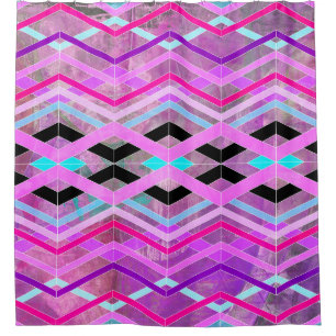 Lila geometrische Streifen in Rosa und Aqua Duschvorhang