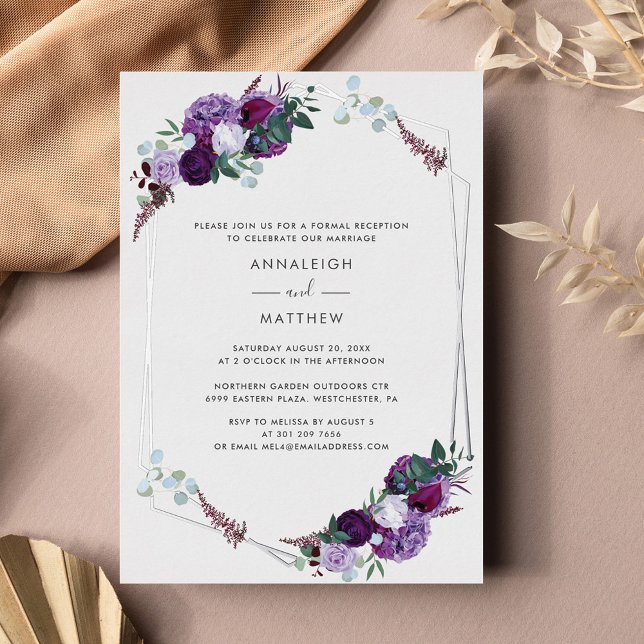 Lila geometrischer Hochzeitsempfang Folieneinladung (Purple Floral Geometric Wedding Invitation Silver Foil Card)