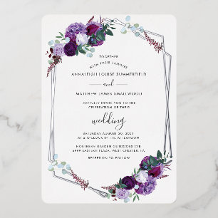 Lila geometrisches Hochzeitssilber Folieneinladung