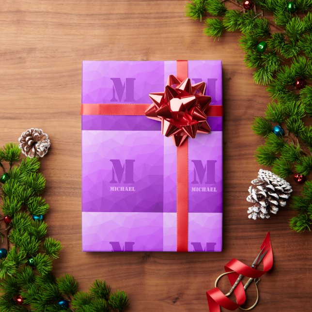 Lila geometrisches Maschenmuster Monogramm Geschenkpapier (Feiertagsgeschenk)