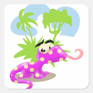 Lila Gepunkteter Cartoon Lizard. Quadratischer Aufkleber