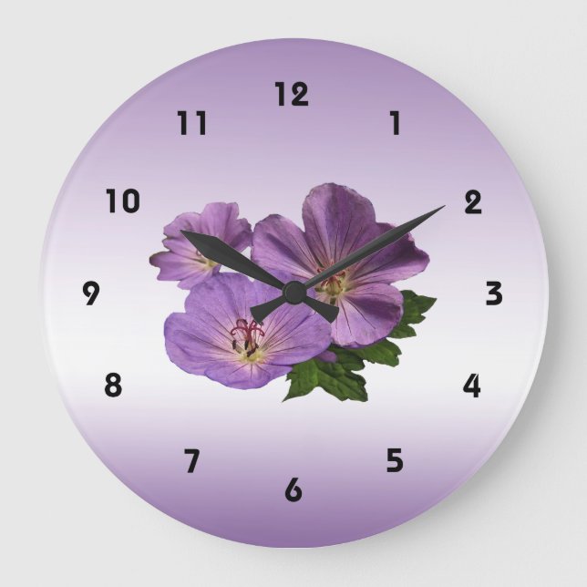 Lila Geranium-Blume Große Wanduhr (Vorderseite)