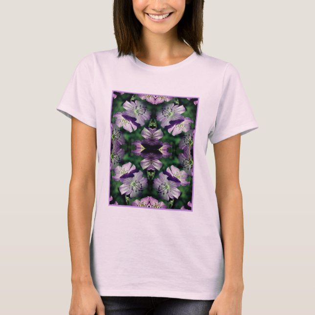 Lila Geranium-Blume multipliziert Abstrakt T-Shirt (Vorderseite)