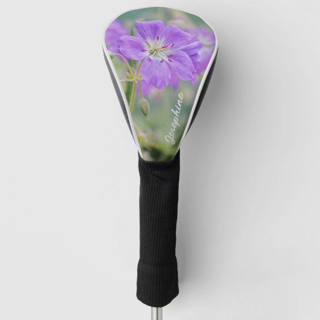 Lila Geranium Wildblume Foto und Individuelle Name Golf Headcover (Vorderseite)