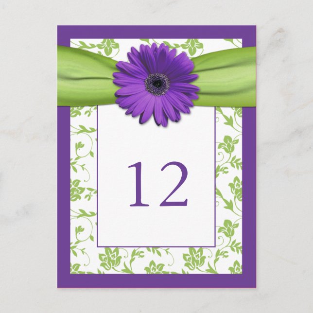 Lila Gerber Daisy Green Damask Tischnummer Card (Vorderseite)