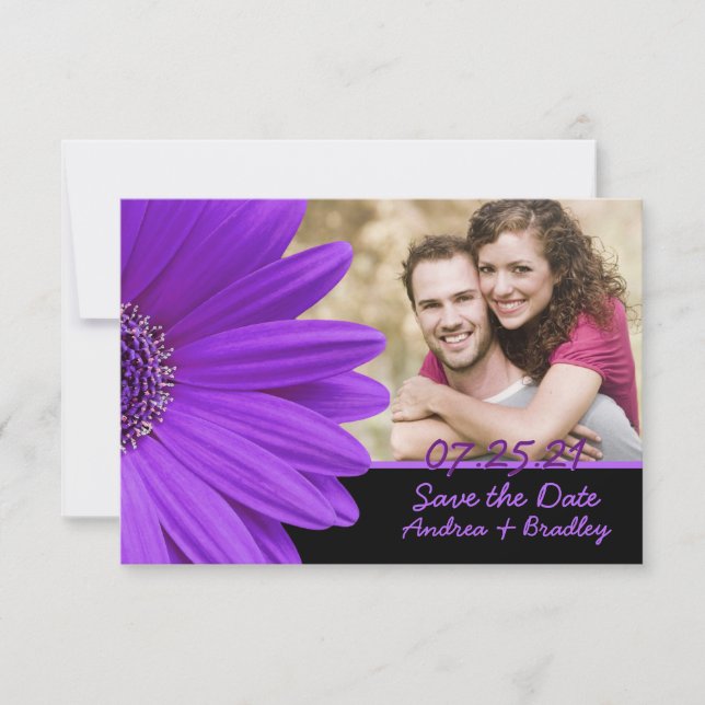 Lila Gerbera Daisy Black Foto Wedding Save The Date (Vorderseite)