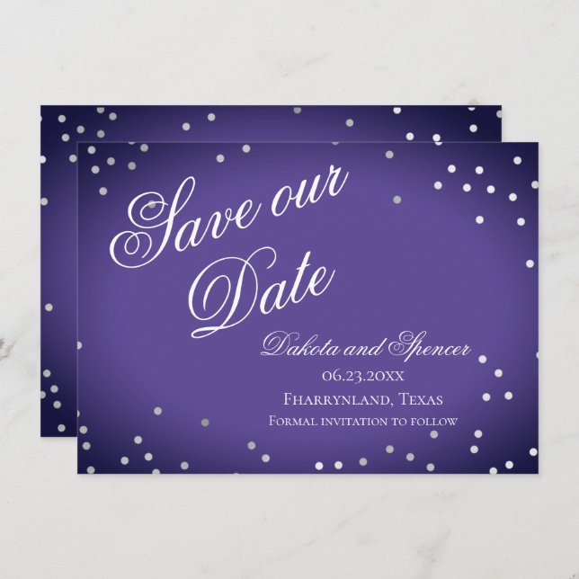 Lila Gerettet Datum | Chic Violet Silver Confetti Save The Date (Vorne/Hinten)