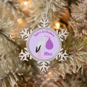 Lila geschlechtsneutrale Baby-Storch-Bestellung Schneeflocken Zinn-Ornament