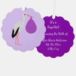 Lila geschlechtsneutraler Baby Storch Maßanfertigu Ornament Karte