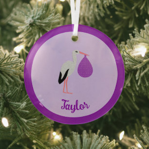 Lila geschlechtsneutrales Baby-Storch Erstes Weihn Ornament Aus Glas