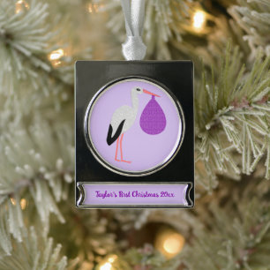 Lila geschlechtsneutrales Baby-Storch-Weihnachten Banner-Ornament Silber