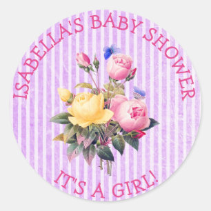 Lila gestreifte Babyaufkleber mit Blumenmuster Runder Aufkleber