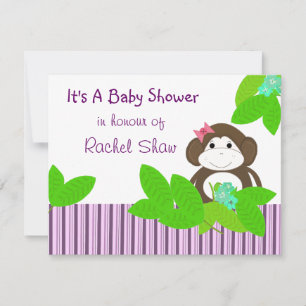 Lila gestreifte Einladung zur Babyparty mit Affen-