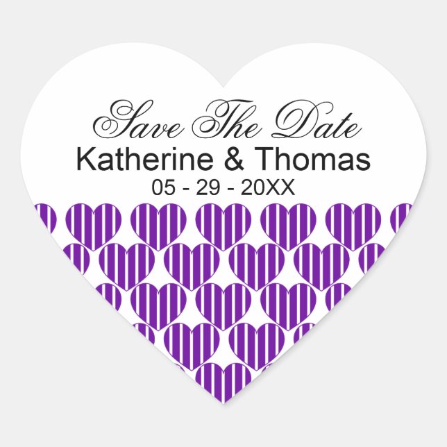 Lila gestreifte Herzen Save the Date Sticker (Vorderseite)