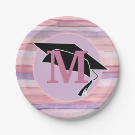 Lila gestrichelte Pink-Graduierungskappe Monogramm Pappteller