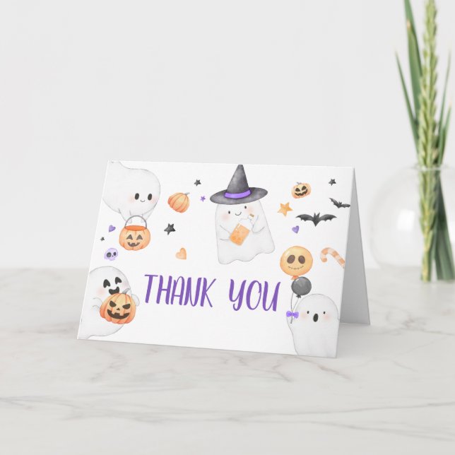 Lila Ghost Halloween Little Boo Baby Dusche Dankeskarte (Vorderseite)