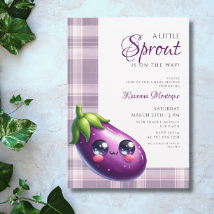 Lila Gingham-Aubergine Kleiner Spross Babyparty Einladung