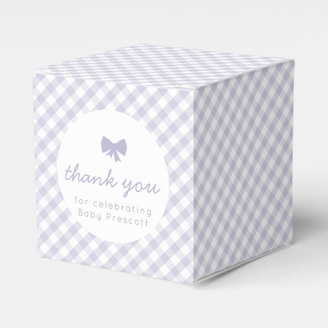 Lila Gingham Baby Dusche Gefälligkeitsbox Geschenkschachtel (Vorderseite)