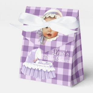 Lila Gingham Baby & Ruffled Bassinet Gefälligkeits Geschenkschachtel