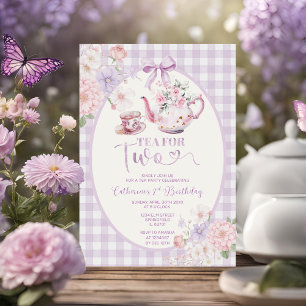 Lila Gingham-Blumen-Teeparty für zwei zum 2. Gebur Einladung