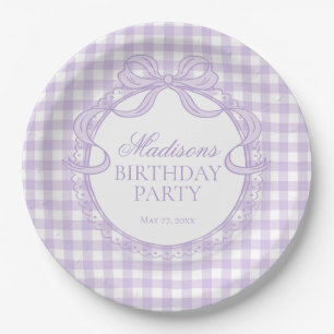 Lila Gingham Coquette Schleifen Geburtstagsfeier Pappteller