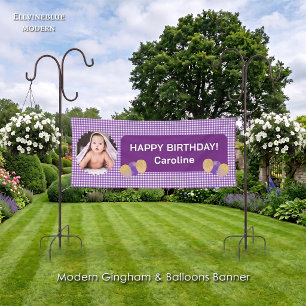Lila Gingham Glitter Ballons Foto Geburtstag Banner