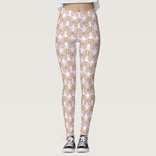 Lila Gingham Gold Butterfly Designer Leggings (Vorderseite)