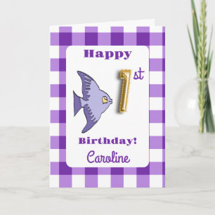Lila Gingham-Goldfolien-Ballon-Fisch 1. Geburtstag Karte